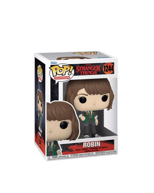 Figura Funko Pop de Robin Buckley (n.º 1244) de Stranger Things temporada 4, en su caja original con ventana transparente. La figura muestra a Robin con su uniforme de Scoops Ahoy, camisa azul, chaleco rojo y pantalones cortos, todo en estilo vinyl coleccionable visible a través del packaging.