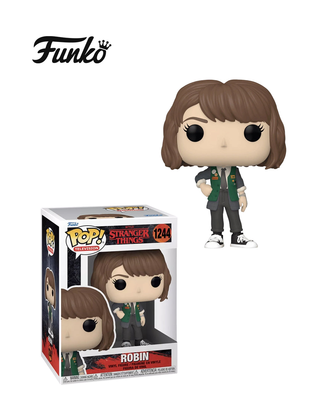 Figura Funko Pop de Robin Buckley (n.º 1244) de Stranger Things temporada 4, en su caja original con ventana transparente. La figura muestra a Robin con su uniforme de Scoops Ahoy, camisa azul, chaleco rojo y pantalones cortos, todo en estilo vinyl coleccionable visible a través del packaging.
