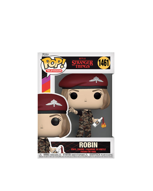 Figura Funko Pop de Robin Buckley (n.º 1461) de Stranger Things temporada 5, en su caja original con ventana transparente. La figura muestra a Robin con su característico uniforme militar, boina roja y expresión decidida, todo en estilo vinyl coleccionable visible a través del packaging.
