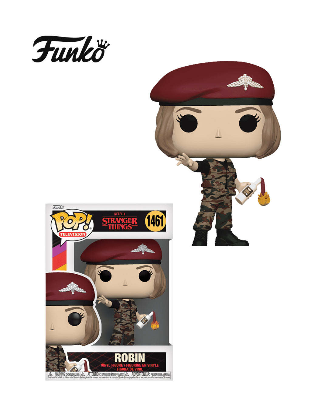 Figura Funko Pop de Robin Buckley (n.º 1461) de Stranger Things temporada 5, en su caja original con ventana transparente. La figura muestra a Robin con su característico uniforme militar, boina roja y expresión decidida, todo en estilo vinyl coleccionable visible a través del packaging.