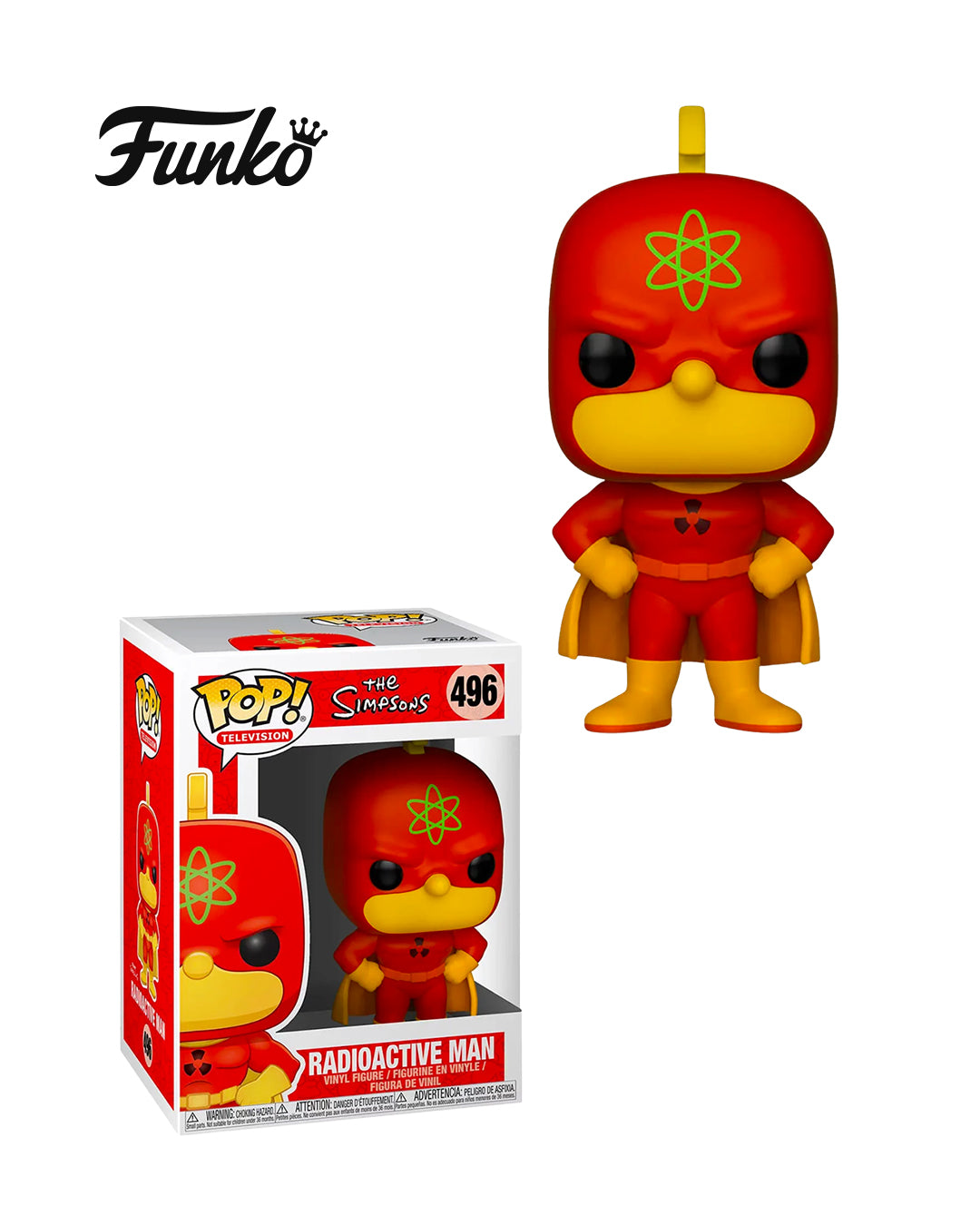 Figura Funko Pop #496 de Radioactive Man de Los Simpson con traje de superhéroe en caja coleccionable disponible en figuraschile.cl