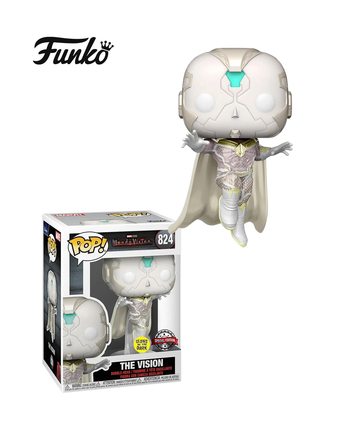 Funko Pop WandaVision The Vision 824 Special Edition Glow in the Dark en caja original, figura coleccionable exclusiva que brilla en la oscuridad para fans del Universo Marvel. Disponible en figuraschile.cl