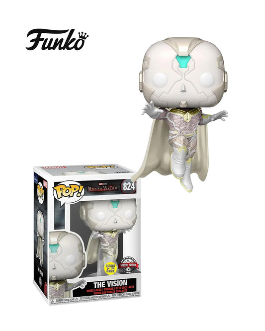 Funko Pop WandaVision The Vision 824 Special Edition Glow in the Dark en caja original, figura coleccionable exclusiva que brilla en la oscuridad para fans del Universo Marvel. Disponible en figuraschile.cl