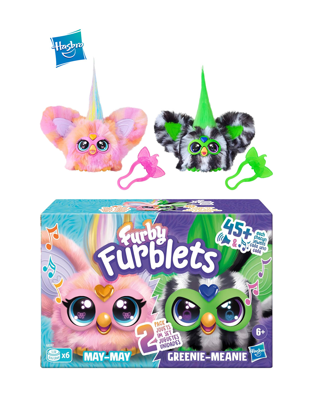 Pack 2 unidades Hasbro Furby Furblets May May y Greenie Meanie, figuras coleccionables interactivas, disponibles en figuraschile.cl