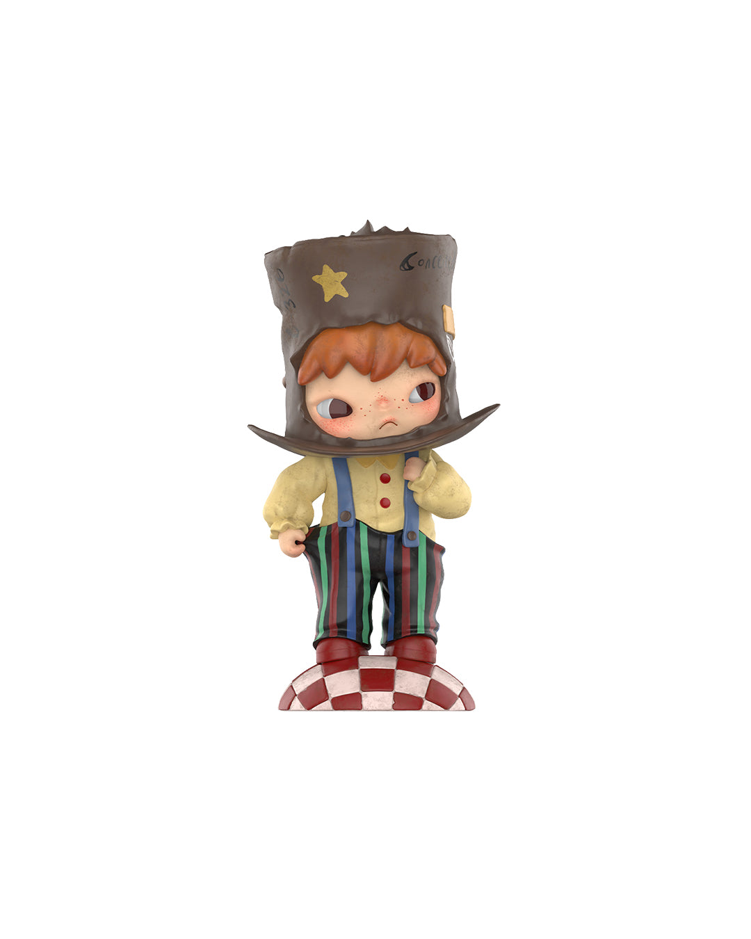 Figura Pop Mart Hirono x Le Petit Prince – The Conceited Man, niño con sombrero de copa alta, camisa amarilla y pantalones de rayas, sobre base de cuadros rojos