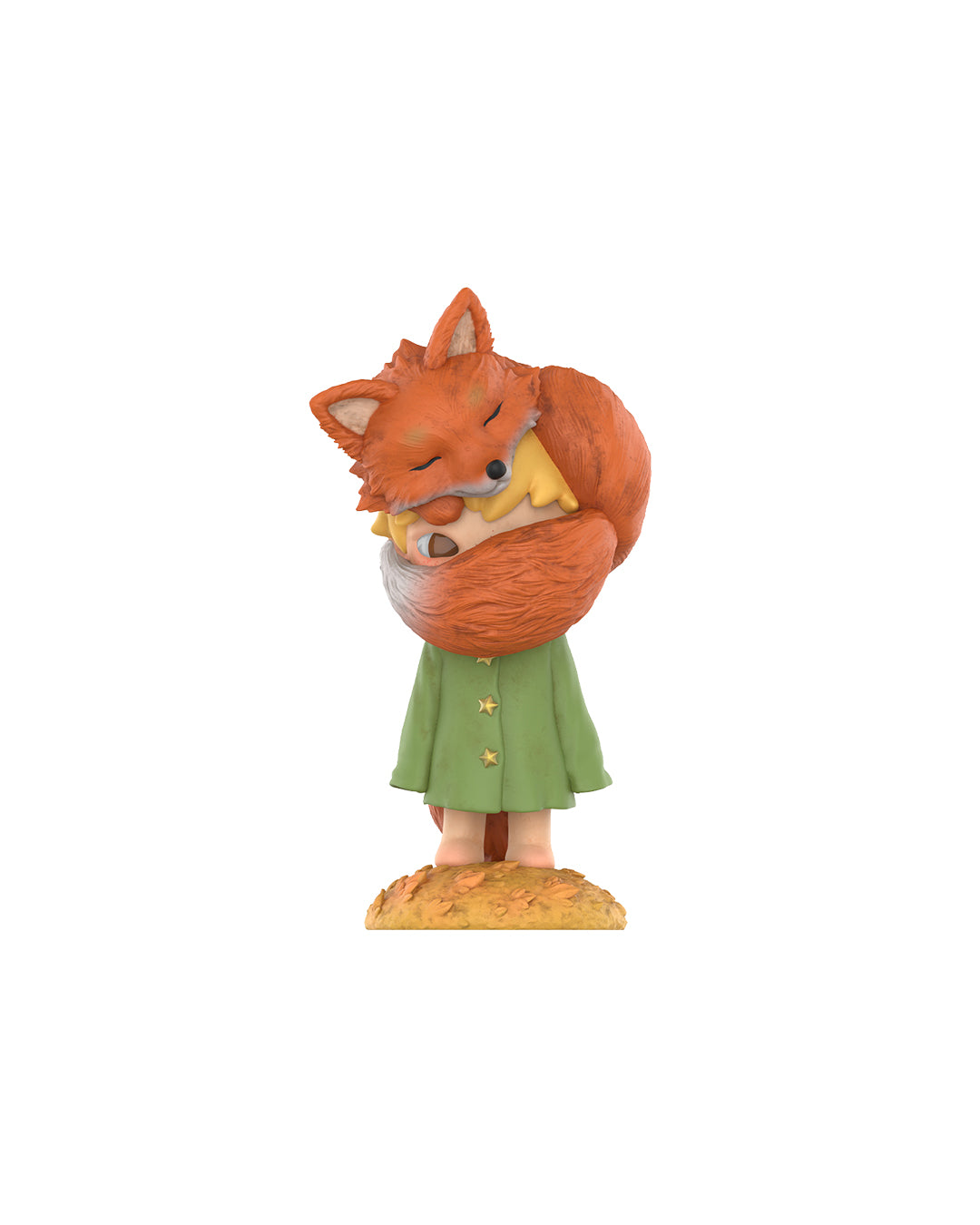 Figura Pop Mart Hirono x Le Petit Prince – The Fox, niño con cola de zorro cubriendo su rostro, vestido con falda verde y base amarilla