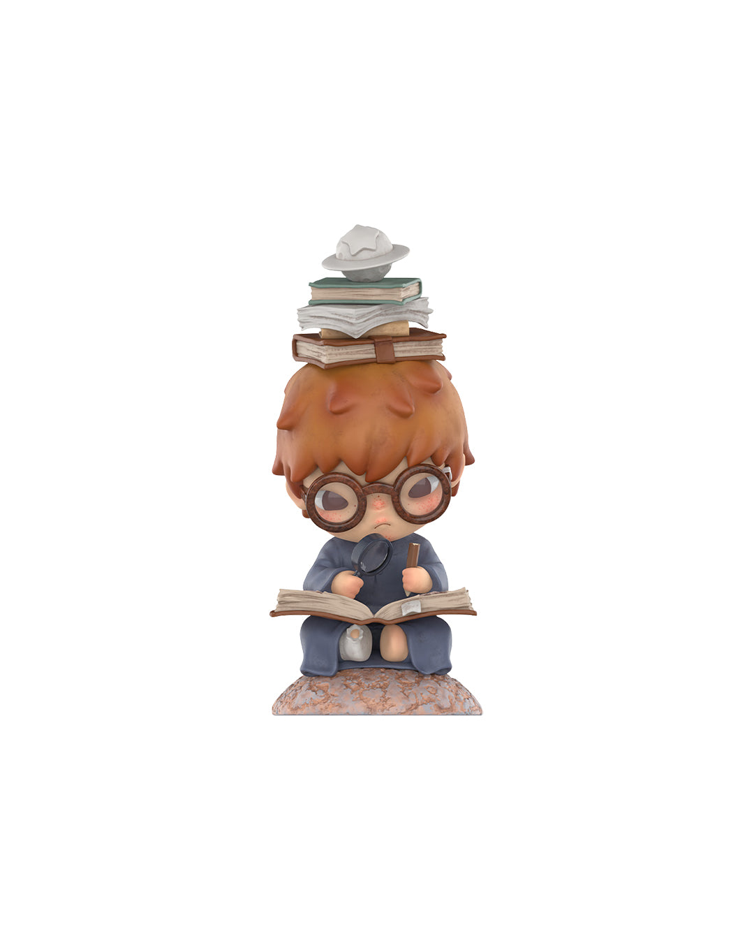 Figura Pop Mart Hirono x Le Petit Prince – The Geographer, niño con gafas y cabello naranja, sentado sobre una pila de libros con un mapa en las manos, sobre base gris con detalles de estrellas doradas.