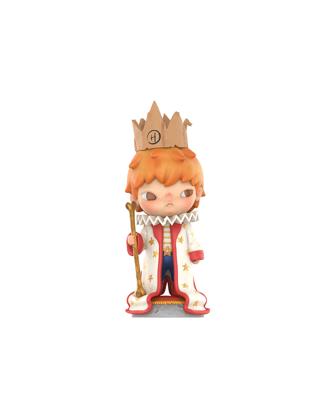 Figura Pop Mart Hirono × Le Petit Prince – The King, niño con corona dorada, capa roja y cetro, sobre base gris con detalles de estrellas doradas.