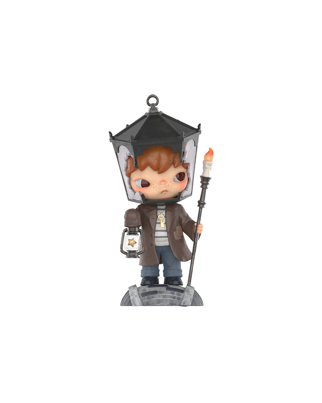 Figura Pop Mart Hirono x Le Petit Prince – The Lamplighter, niño con cabello castaño y lámpara, vestido con abrigo marrón y pantalones azules, sobre base gris con detalles de estrellas doradas.