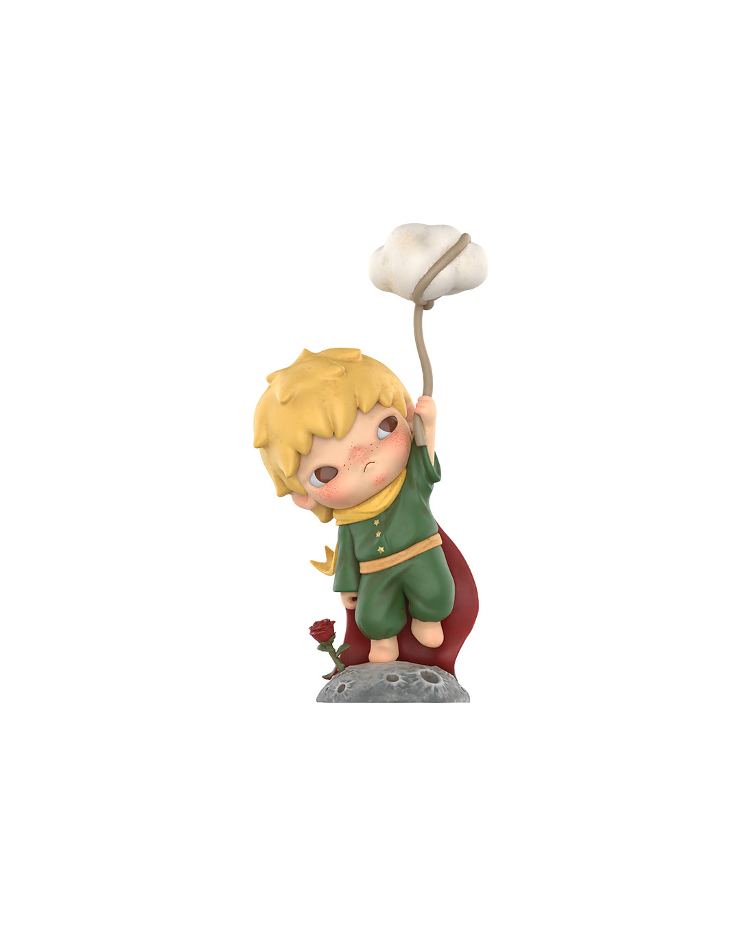 Figura Pop Mart Hirono x Le Petit Prince – The Little Prince Edición Especial (Edición Super Secreta), niño rubio con capa roja, sosteniendo una rosa blanca sobre una nube, con detalles dorados y base gris con estrellas.