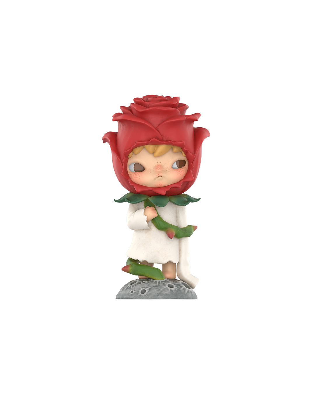 Figura Pop Mart Hirono x Le Petit Prince – The Rose, rosa animada con pétalos brillantes y base floral