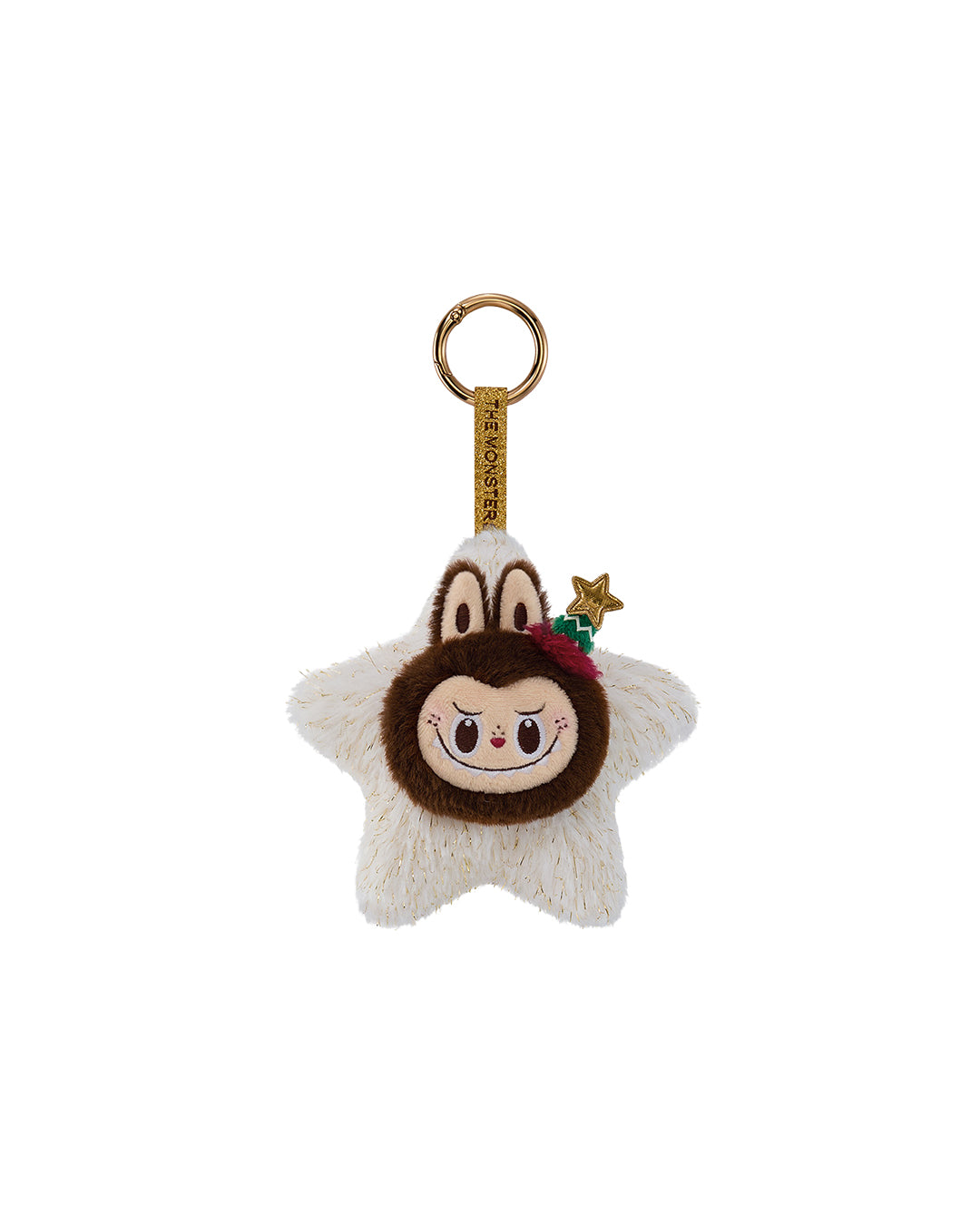 Figura secreta de Labubu sobre estrella blanca brillante con cuerpo marrón redondo, orejas monstruosas, cuernitos y gorro de árbol de Navidad verde; cuelga de una cinta/lazo con anilla.