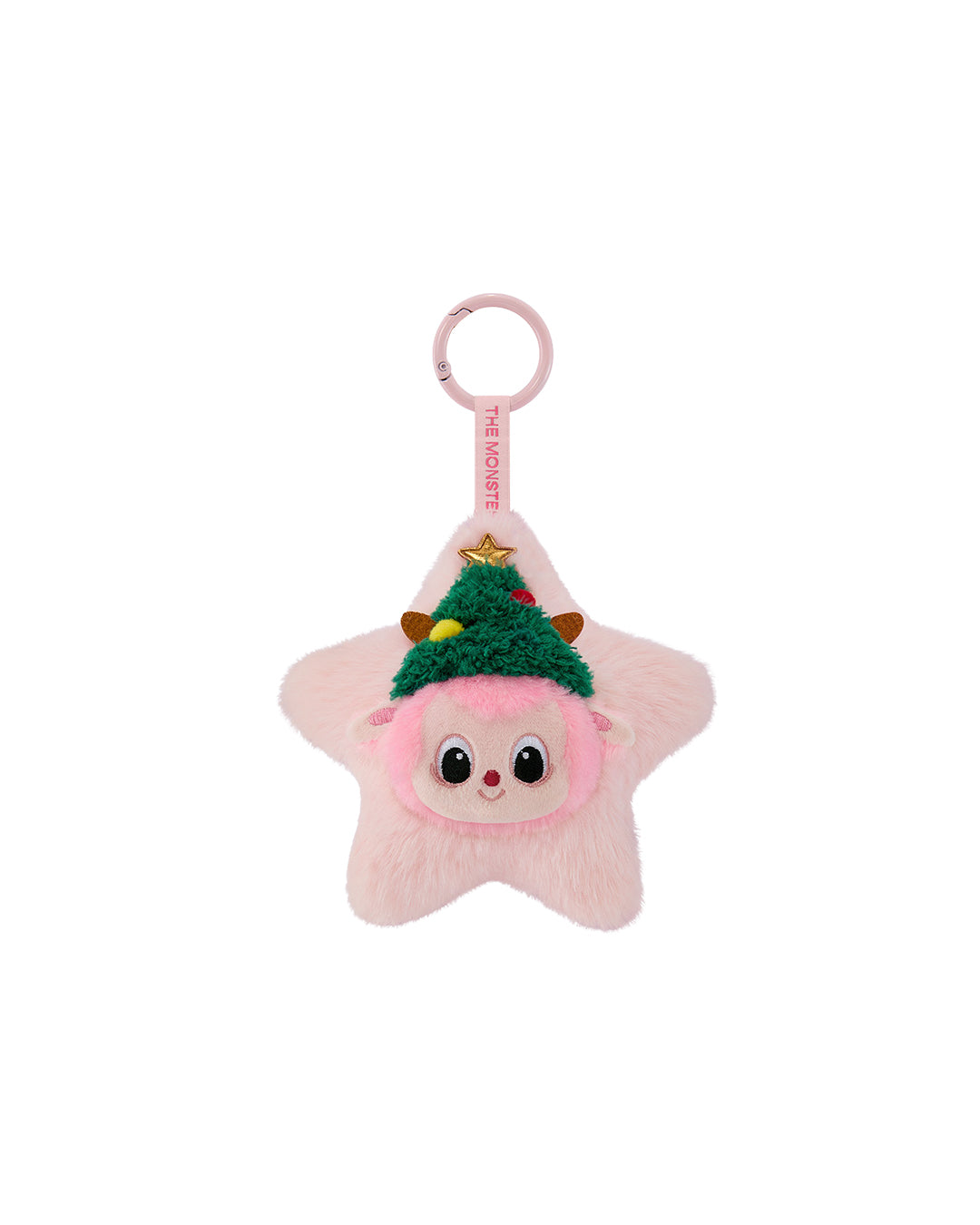 Colgante‑peluche brillante en forma de estrella amarilla con cabeza tipo pato (Pato), cuerpo marrón redondeado, orejas tipo monstruo pequeñas, y un lazo rojo sobre la cabeza; se sujeta mediante anilla con cordón.