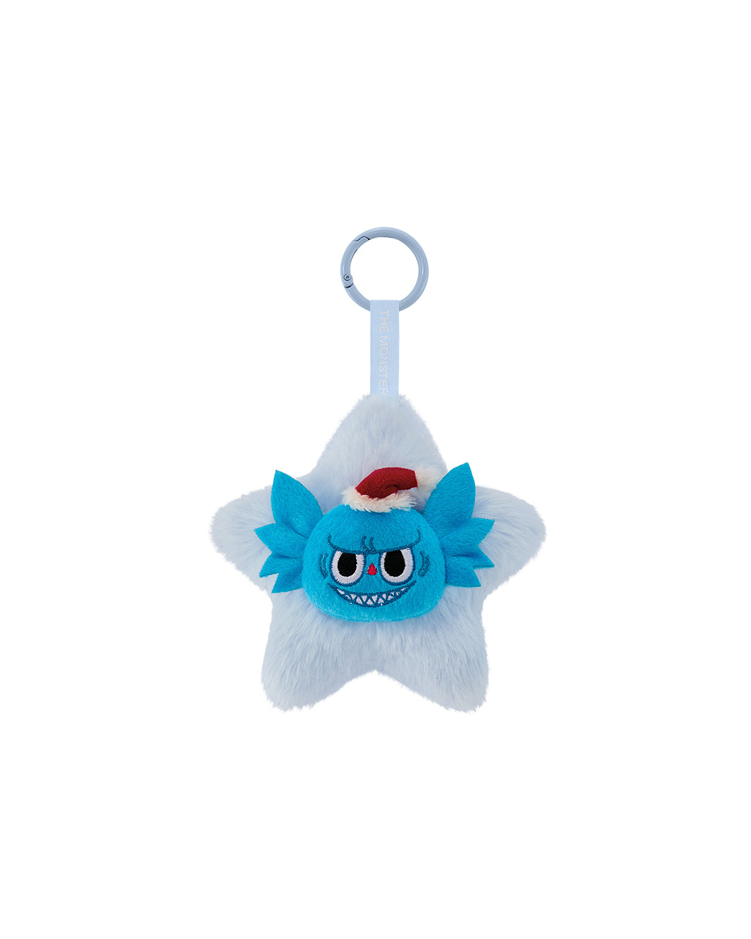 Colgante‑peluche brillante Pippo: estrella blanca con cabeza azul tipo murciélago (Pippo), ojos grandes y sonrisa, cuernos pequeños y un lazo rojo encima; se cuelga mediante cordón con anilla.