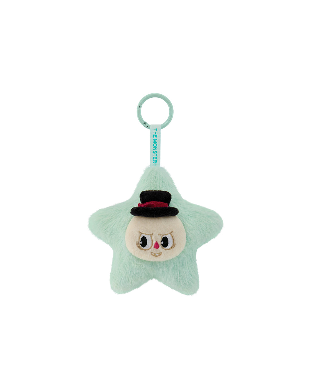 Colgante‑peluche brillante Spooky: estrella gris verdosa con cabeza de fantasma rosa, cara dulce, ojos grandes, pequeños cuernos negros y un lazo rojo encima; se cuelga con cordón y anilla.