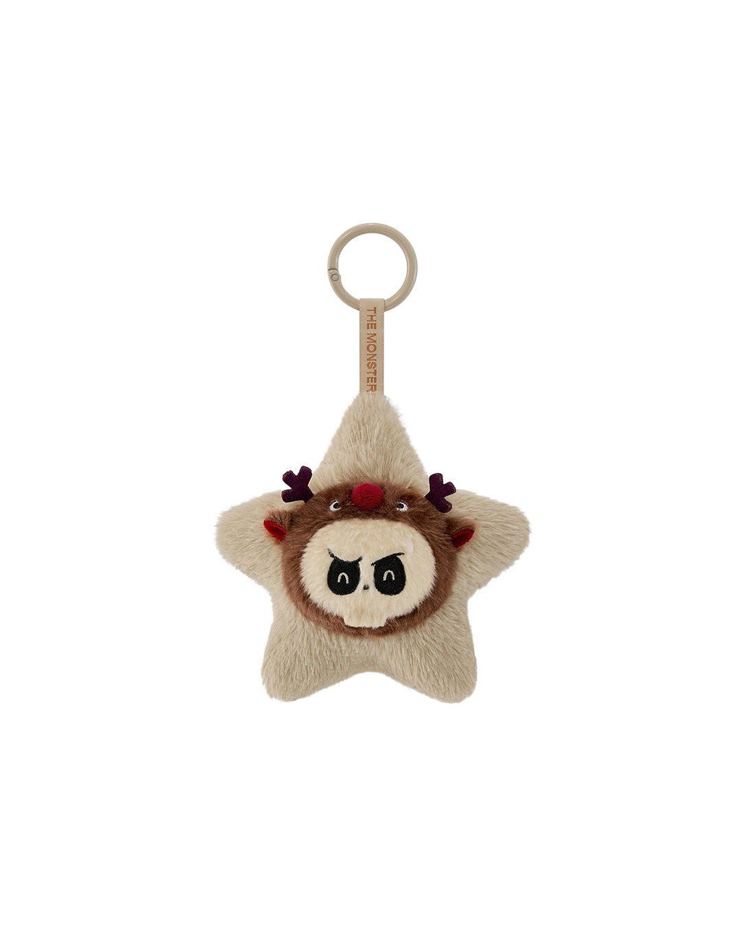 Colgante‑peluche brillante Tycoco: estrella beige clara con cabeza estilo mapache esquelético color crema y orejas peluditas; ojos pequeños redondeados y un lazo rojo encima; cuelga con cordón y anilla.