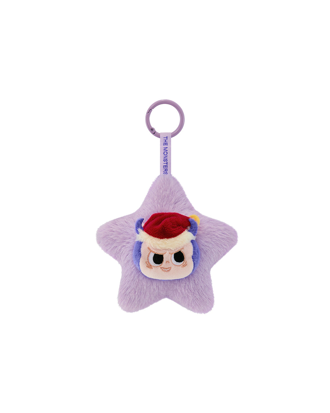 Colgante‑peluche brillante Yaya: estrella morada con cabeza estilo mono marrón, orejas peludas, cuerno negro y lazo rojo; se cuelga con cordón y anilla.