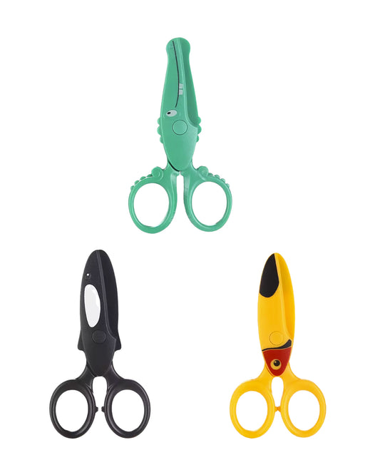 Tijeras para niños escolares sin cortes, diseños seguros en varios colores y modelos, disponibles en figuraschile.cl